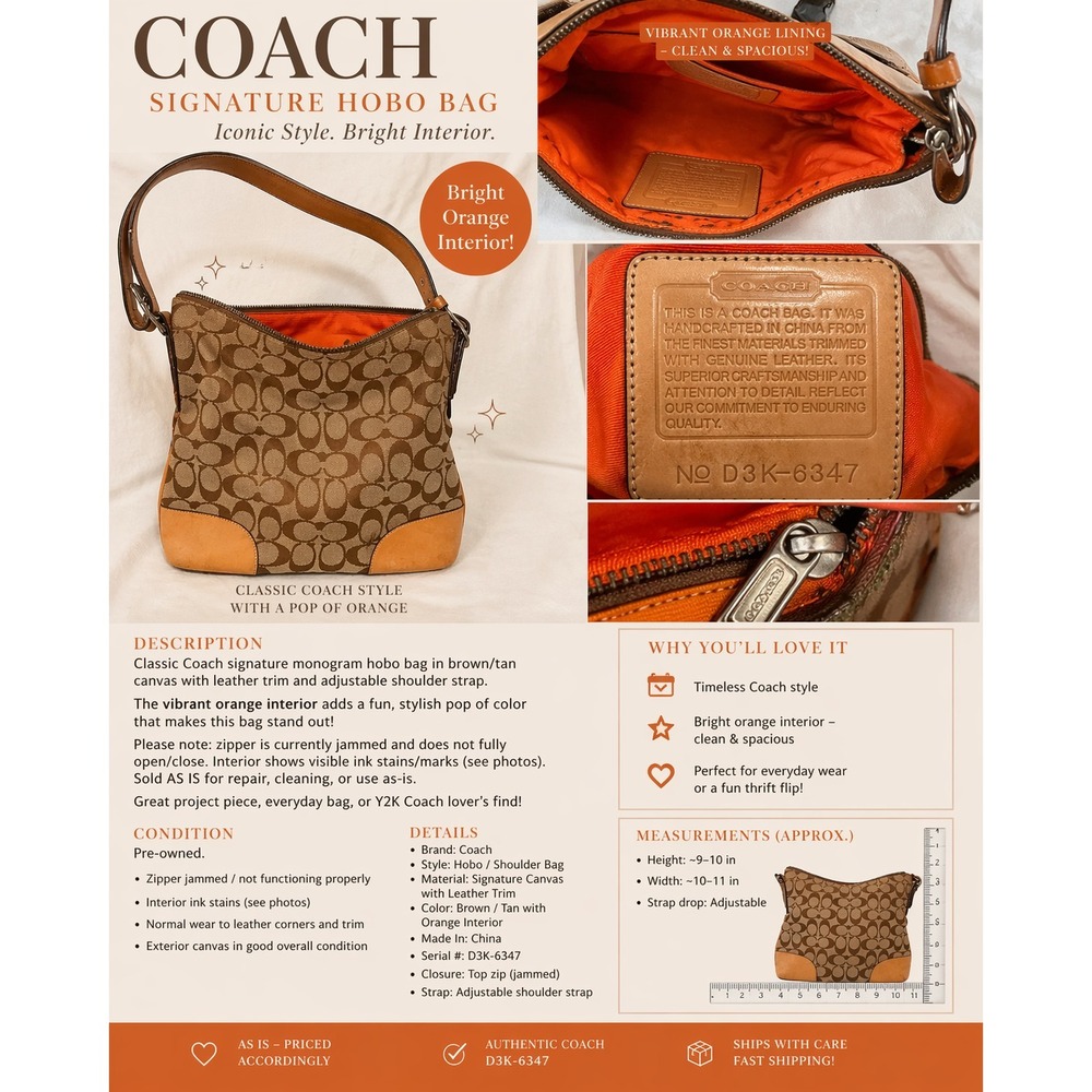 Coach Signature Hobo Bag Brown Tan Canvas Leather Zipper Issue AS IS Orange